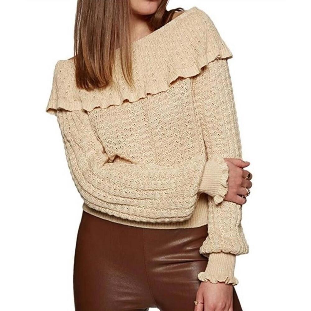 Cream Free People Meyer Lemon Balloon Sleeve Ruffle Pullover Sweater Size M #F - Picture 2 of 8
